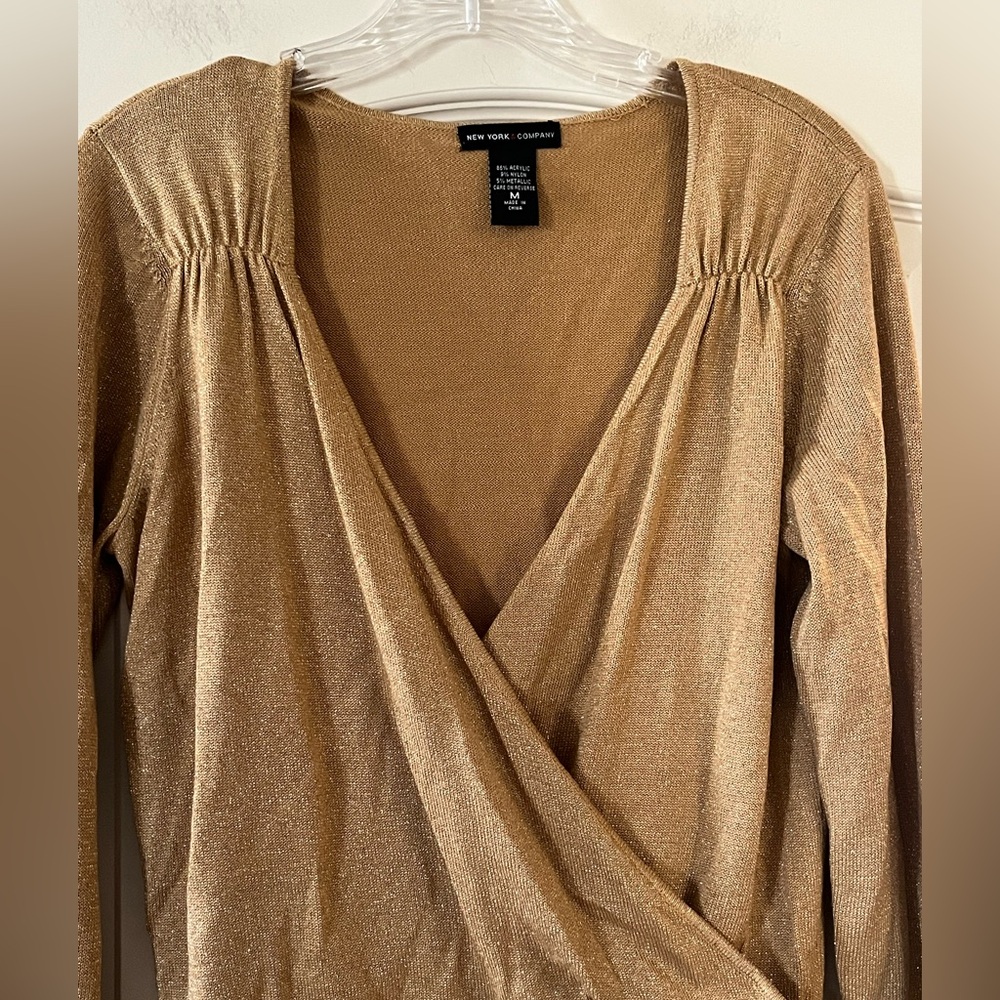 New York & Company Gold Metallic Wrap Blouse Sweater Women’s size medium - Picture 10 of 16